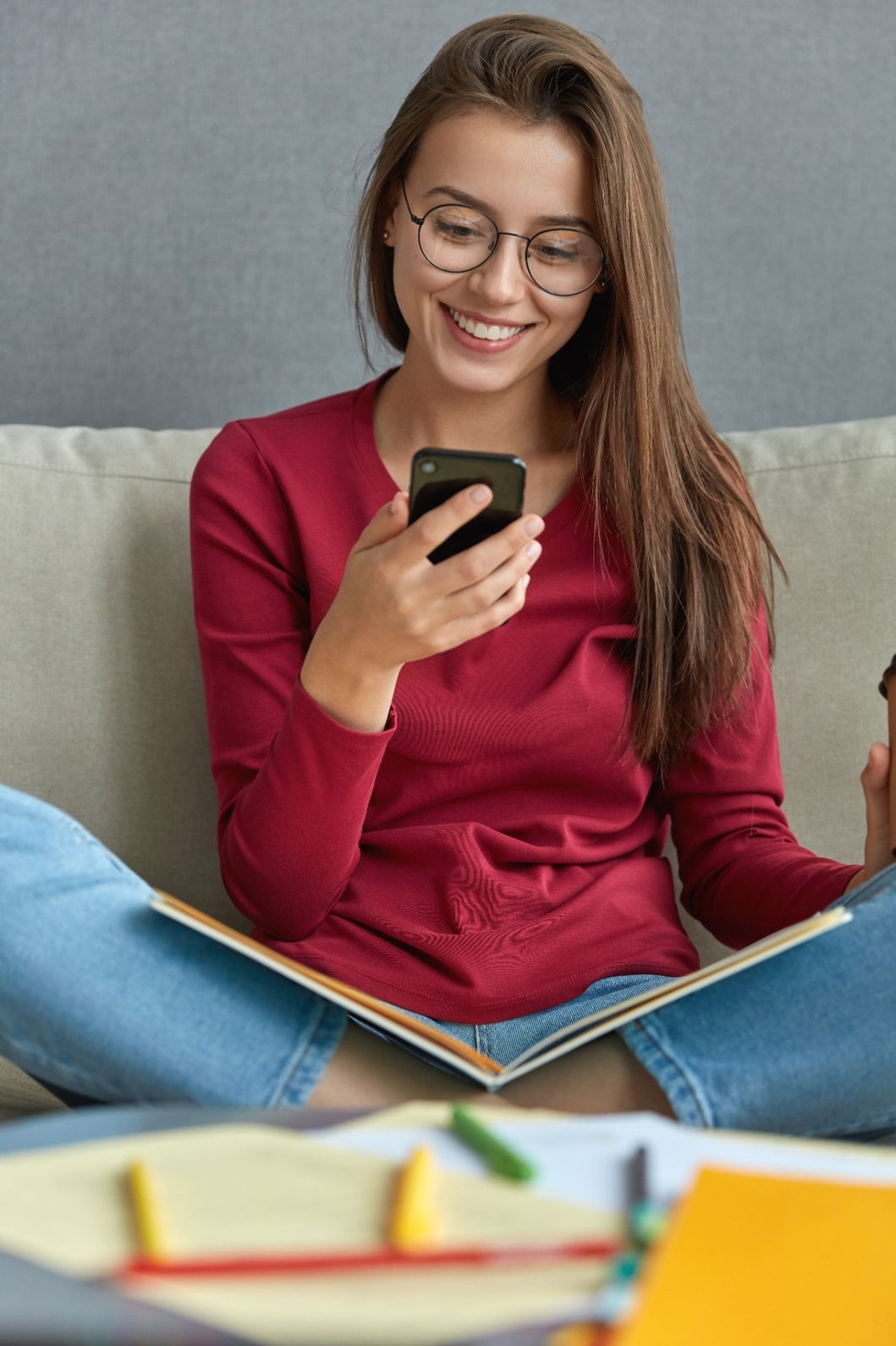 Woman using mobile app for English speaking practice