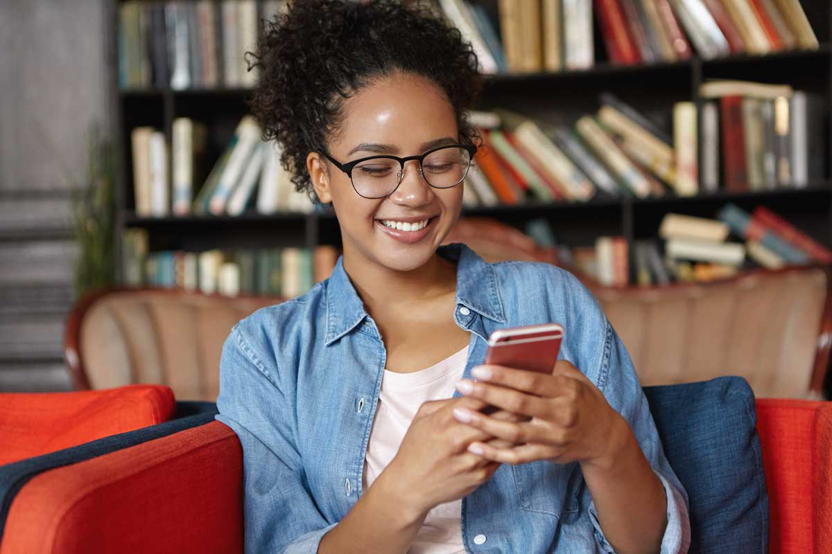 Woman in live language conversation club on mobile