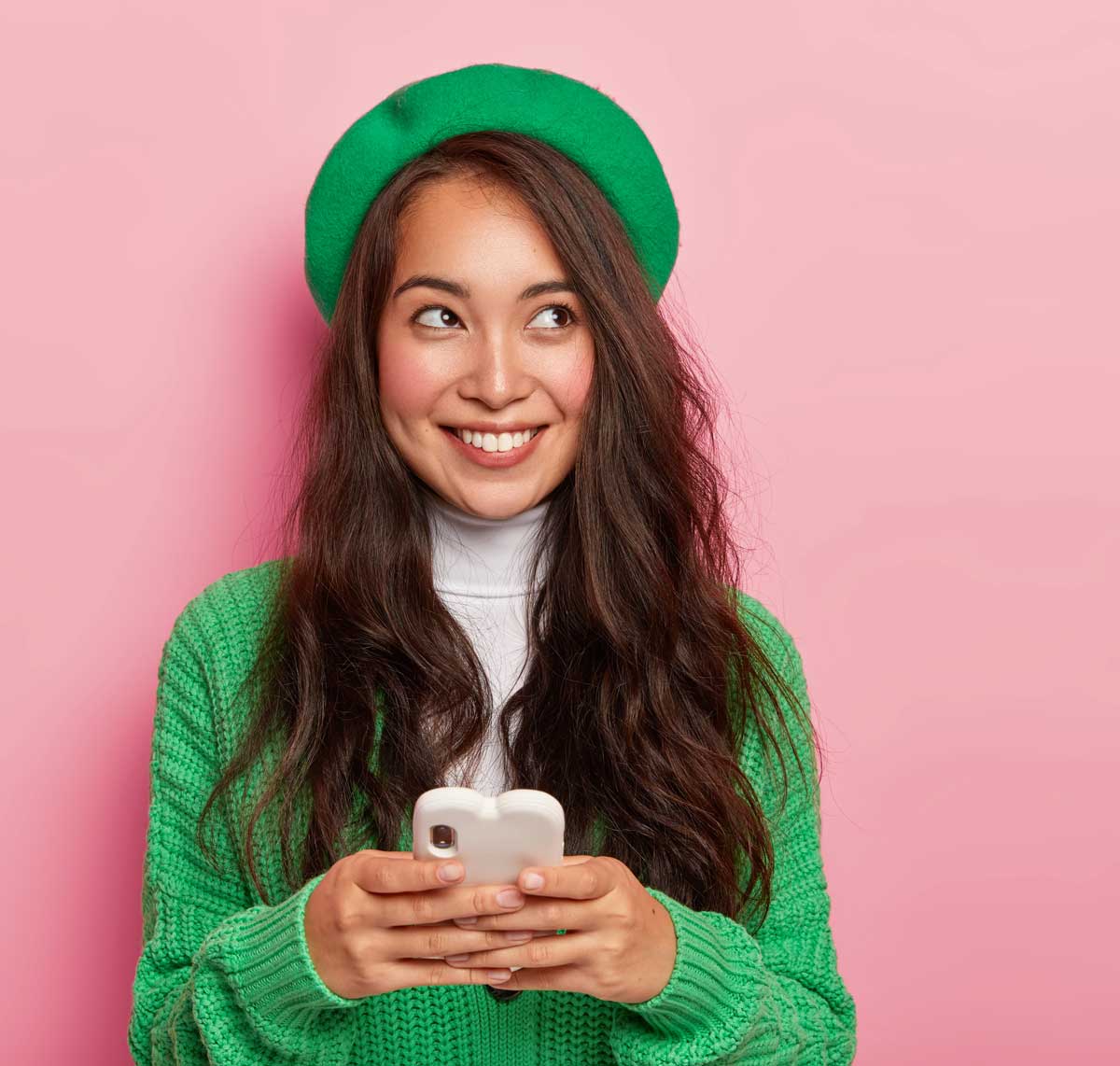 Woman using mobile phone for online English conversation practice